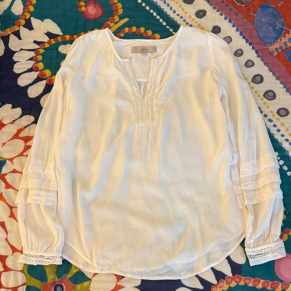 LOFT Women's Ivory Blouse with Lace Detail